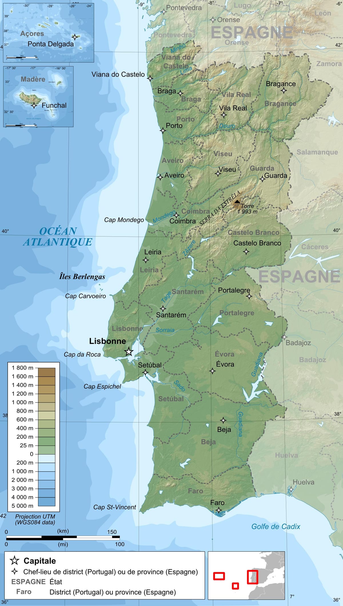 mappa topografica del Portogallo